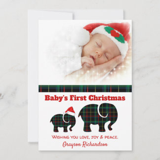 Kariert Elephants Baby's First Christmas Foto Feiertagskarte