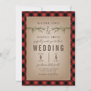 Kariert + Evergreen Tree Branches Wedding Einladung