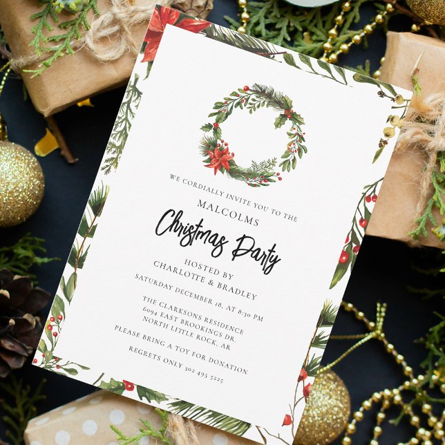 Kariert Floral Red Berries Party Tartan Einladung (Rustic Christmas Holidays Botanical Red Berries Malcolm Tartan Party Invitation)