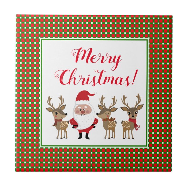 Kariert Frohe Weihnachten Custom Santa Claus Reind Fliese (Vorderseite)