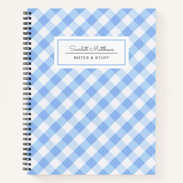 Kariert Gingham Blue Pattern Name Notebook Notizbuch (Vorderseite)
