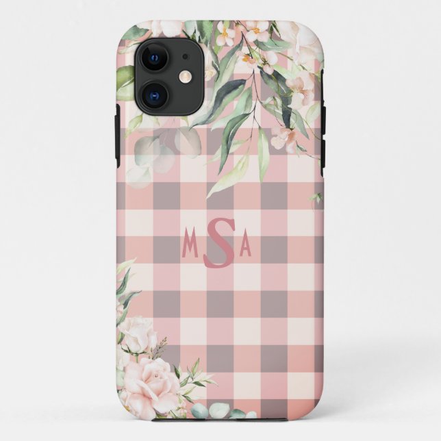 Kariert Gingham Floral Monogram Case-Mate iPhone Hülle (Rückseite)