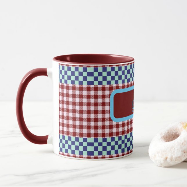 Kariert Gingham Personalisiert Tasse (Mit Donut)