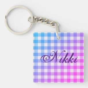 Kariert Gingham Pink Blue Modern Einfache Lila Bez Schlüsselanhänger