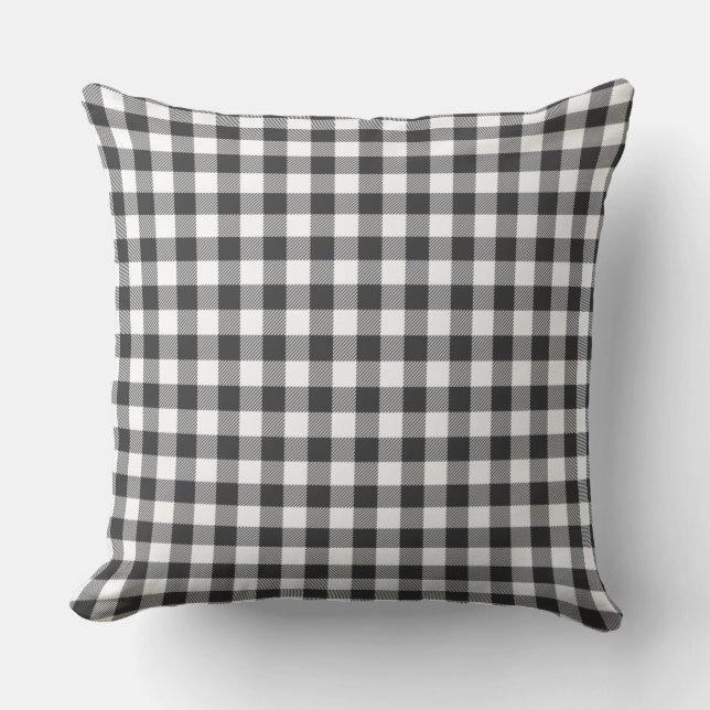 Kariert Gingham Rustikal White Black Karo Geburtst Kissen (Vorderseite)