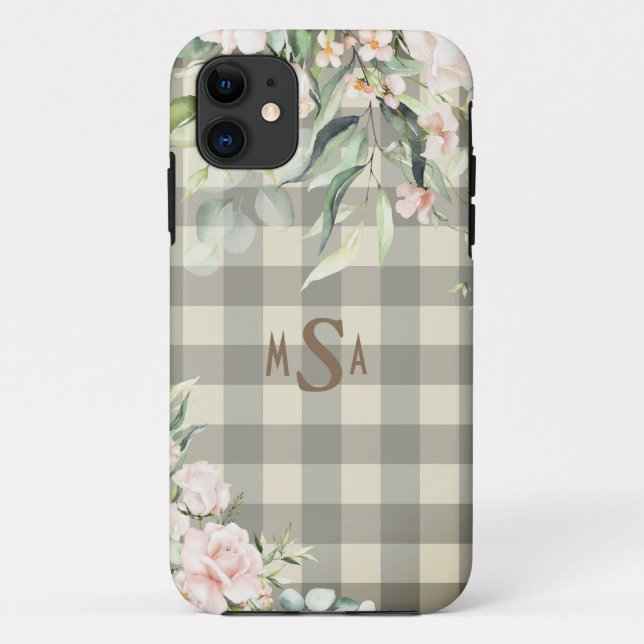 Kariert Gingham Tan Floral Monogram Case-Mate iPhone Hülle (Rückseite)