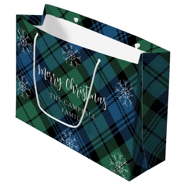 Kariert Green Blue Rustic Campbell Tartan Große Geschenktüte (Vorderseite Schrägansicht)