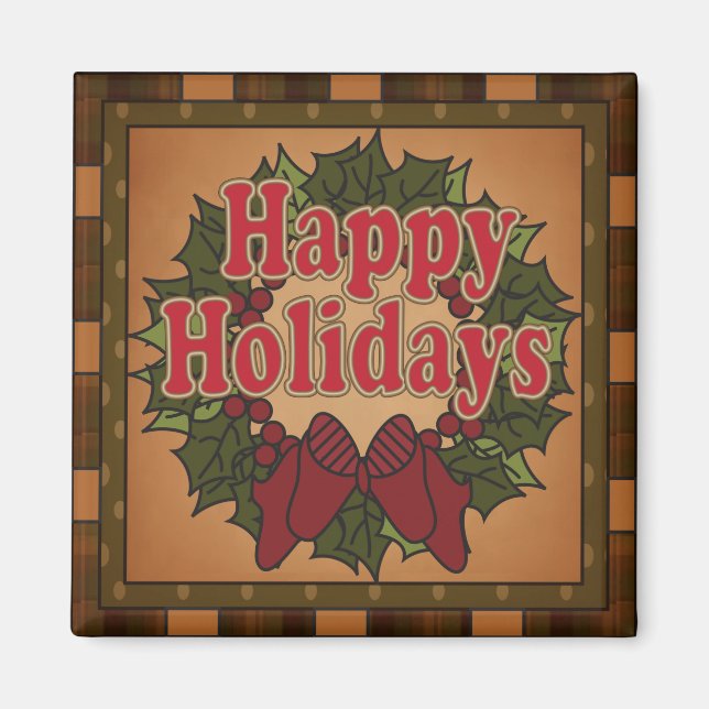 Kariert Happy Holiday Wreath Magnet (Vorne)