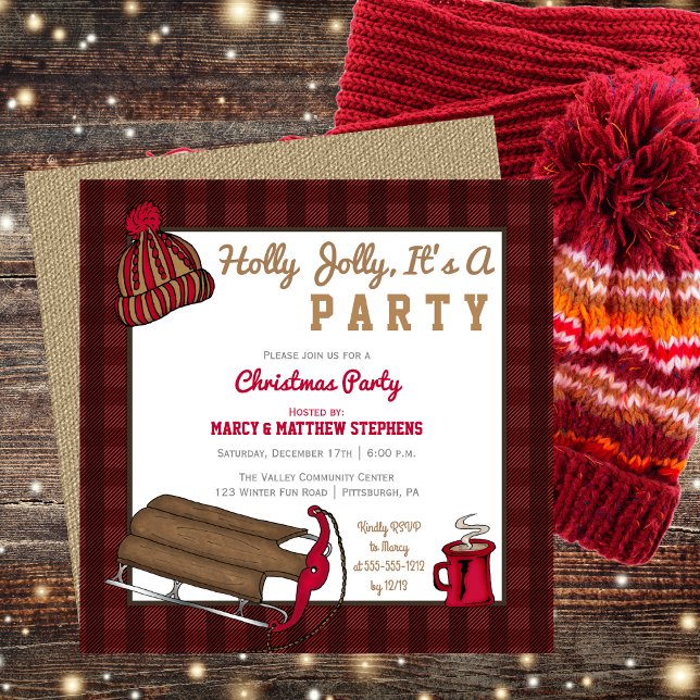 Kariert Holly Jolly Sled Party Einladung (Plaid Holly Jolly Sled Christmas Party Invitation)
