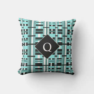 Kariert in Aqua, Türkis, Schwarz und Weiß Monogram Kissen