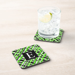 Kariert in Lime Green, Black & Grey Monogram Getränkeuntersetzer