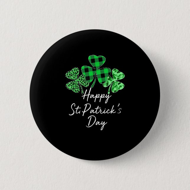 Kariert Kleeblatt Leopard Camouflage Happy St Patr Button (Vorderseite)