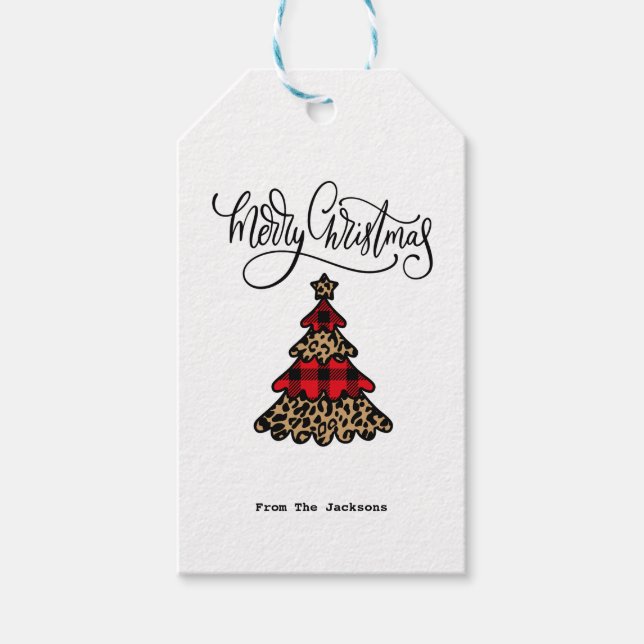 Kariert & Leopard Muster Weihnachtsbaum Minimalist Geschenkanhänger (Vorderseite)