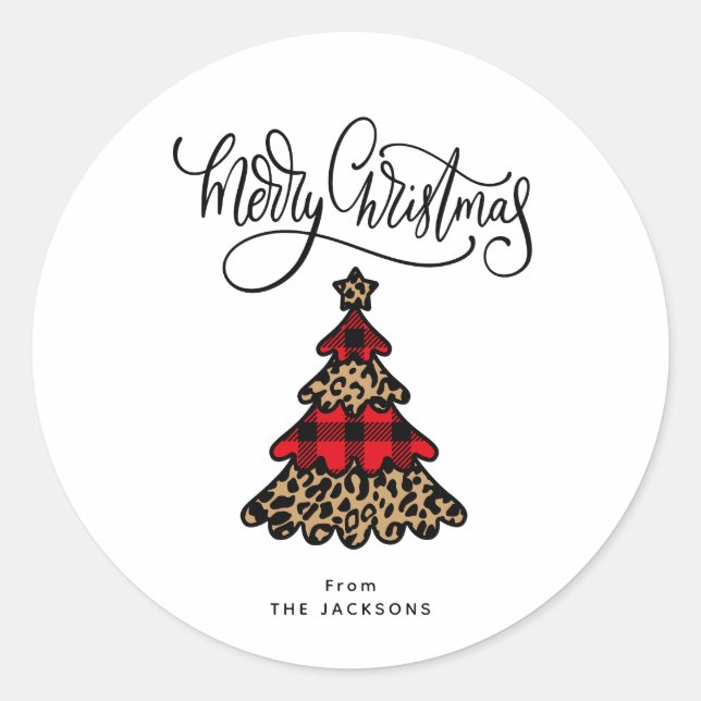 Kariert & Leopard Muster Weihnachtsbaum Minimalist Runder Aufkleber (Vorderseite)