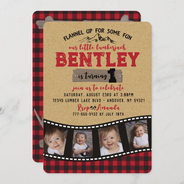Kariert Lumberjack Filmstrip Multi Foto Geburtstag Einladung (Vorne/Hinten)