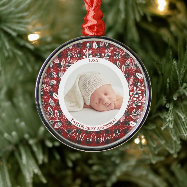 Kariert Mein erstes Foto zu Weihnachten Ornament Aus Metall (Baum)