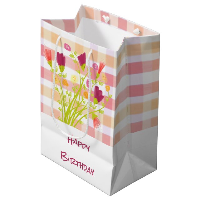 Kariert mit Floral Mittlere Geschenktüte (Vorderseite Schrägansicht)