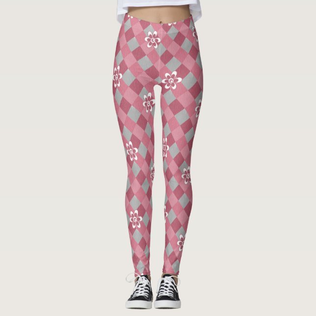 Kariert mit Kamille Blume in Grau und Rosa Leggings (Vorderseite)