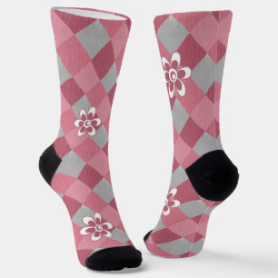 Kariert mit Kamille Blume in Grau und Rosa Socken
