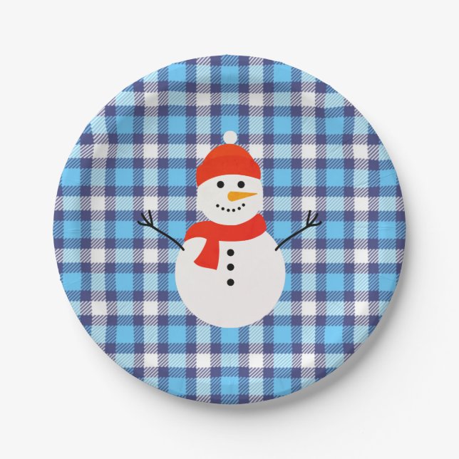 Kariert mit Snowman Pappteller (Vorderseite)