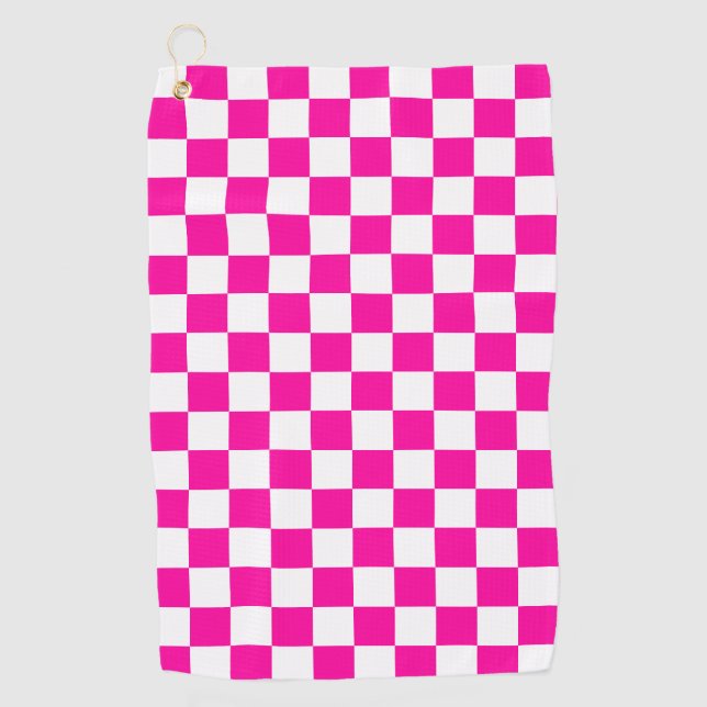 Kariert Neonrosa und Weiß  Golfhandtuch (Vorderseite)