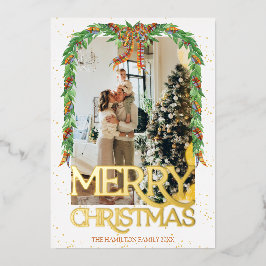 Kariert Orange Bow Foto Gold Foil Frohe Weihnachte Folieneinladung