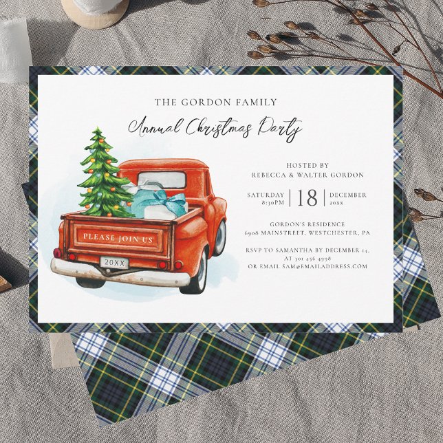 Kariert Red Truck Gordon Tartan Weihnachtsfeiertag Einladung (Rustic Christmas Party Invitation with Red Truck Gordon Tartan)