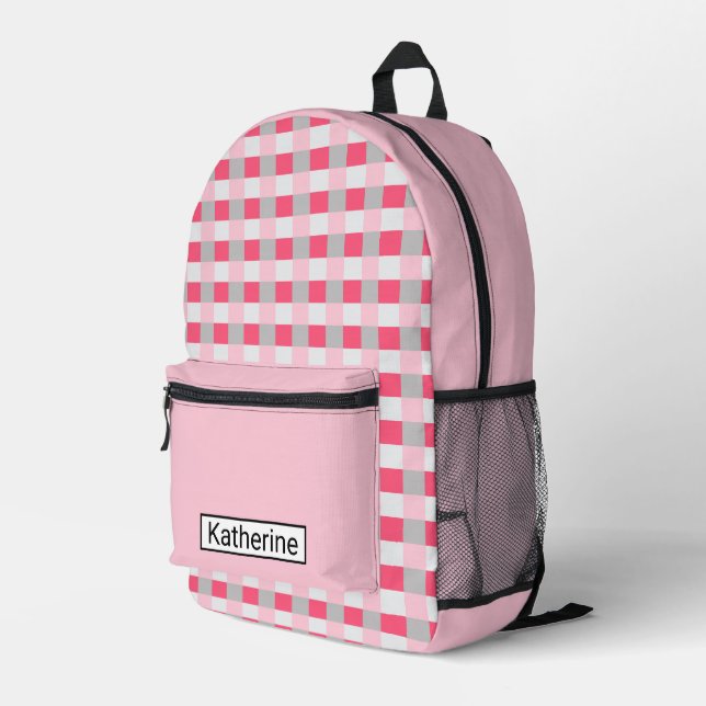 Kariert, rosa und grau bedruckter rucksack (Rückseitige Ecke Rechts)