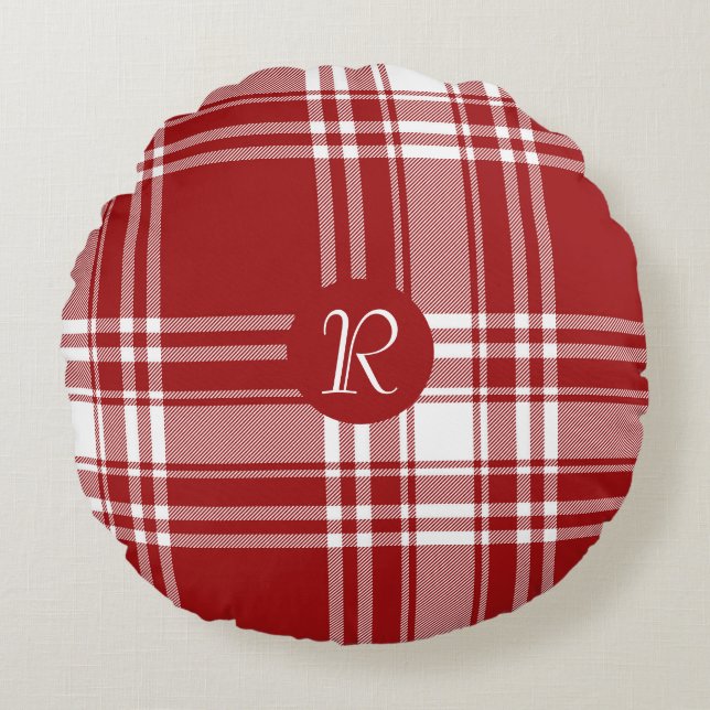 Kariert Tartan Red White Monogram Holiday Weihnach Rundes Kissen (Vorderseite)