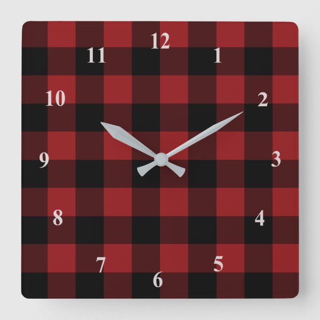 Kariert überprüft in Schwarz und Rot - modern Quadratische Wanduhr (Vorderseite)
