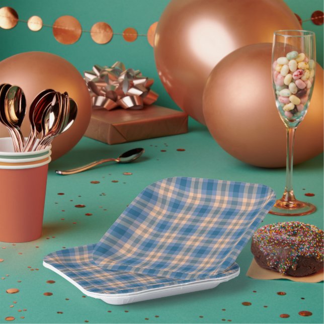 Karierte Beige Blau Grau und Pfirsichfarben Pappteller (Multi)