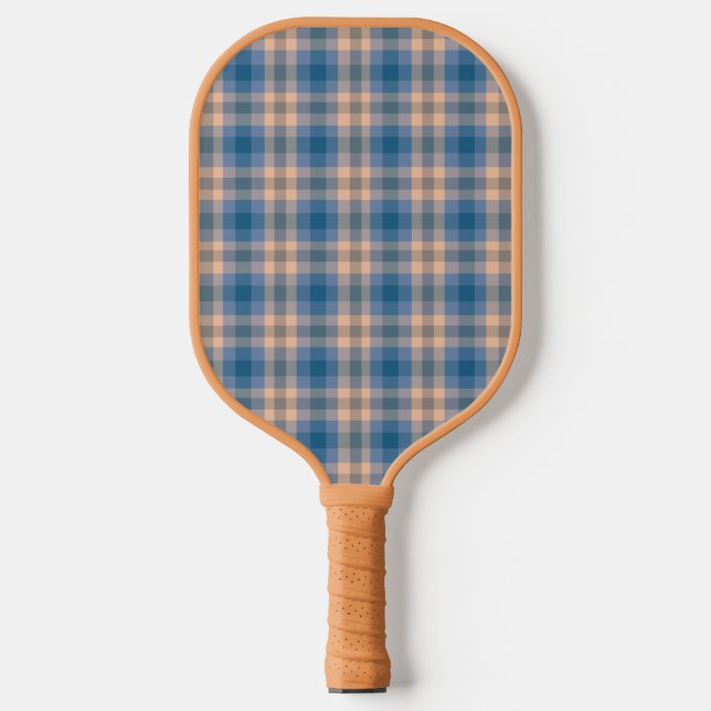 Karierte Beige Blau Grau und Pfirsichfarben Pickleball Schläger (Vorderseite)