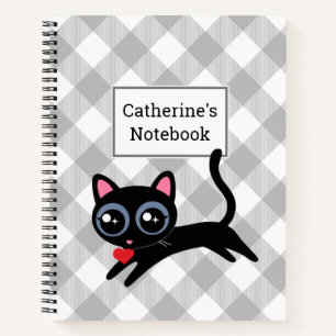 Karierte Black Kitty Cat in Gray Buffalo Notizbuch
