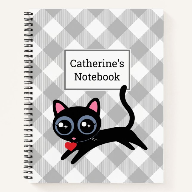 Karierte Black Kitty Cat in Gray Buffalo Notizbuch (Vorderseite)
