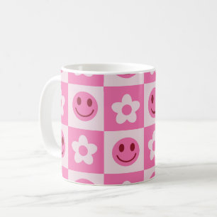 Karierte Blumen und glückliche Gesichter Rosa  Kaffeetasse