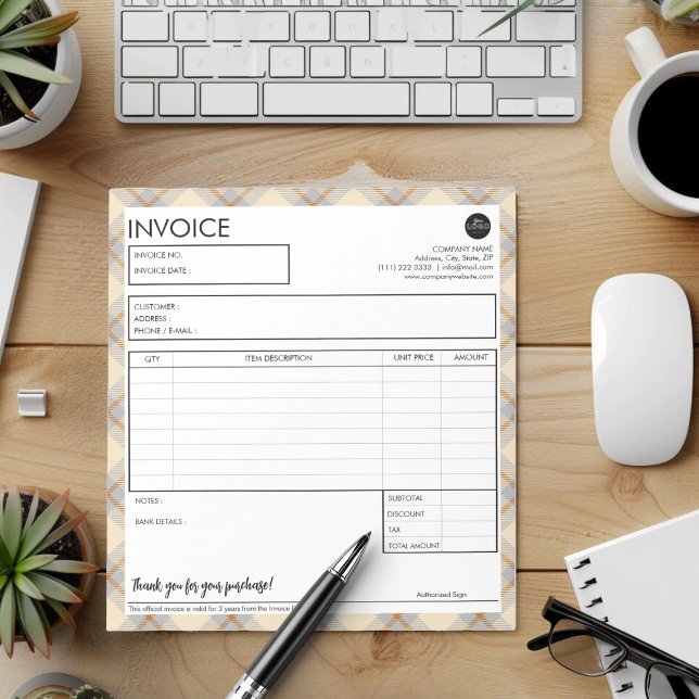Karierte Border Template für einfache Geschäftsrec Notizblock (Simple Peach Plaid Border Business Invoice Template)