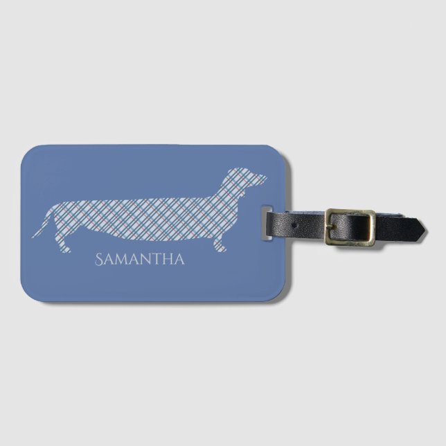 Karierte Dackel auf Blau Gepäckanhänger (Vorderseite (Horizontal))
