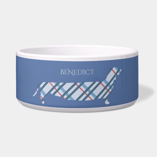 Karierte Dackel auf Blue Personalisiert Napf (Vorderseite)
