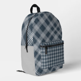 Karierte Drucktasche mit blauem und grauem Druck Bedruckter Rucksack