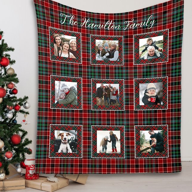 Karierte Familienfoto Collage Weihnachten Kariert Fleecedecke (Holiday Blanket Family Name Christmas Blanket)
