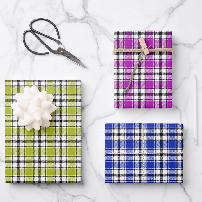 Karierte Geschenkwrap in Violet, Limoner und blaue Geschenkpapier Set (Vorderseite)