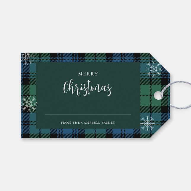 Karierte Green Blue Campbell Tartan Geschenkanhänger (Vorderseite (Horizontal))