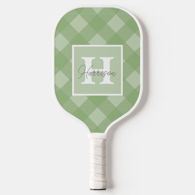 Karierte grüne Monogramm und Name individuell anpa Pickleball Schläger (Vorderseite)