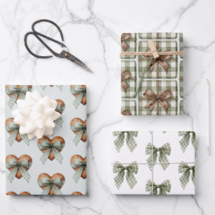 Karierte grüne Schleifen Geschenke Holz Herzen Wei Geschenkpapier Set