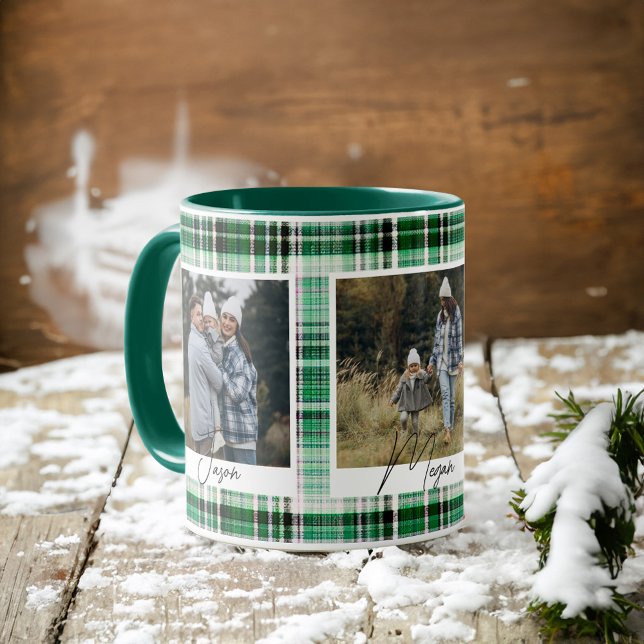 Karierte, grüne und weiße Stoffe Fotos Tasse (Cozy Green and White Plaid fabric Family Photos Mug)