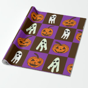 Karierte gruselige Halloween-Kürbisse und Geister Geschenkpapier