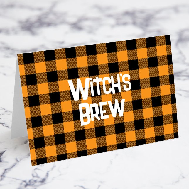 Karierte Halloween-Food-Karte Orange und Black Buf Tischnummer (Orange and Black Buffalo Check Halloween Punch Desert or Food Table Card - You Fold Your Own Cards)