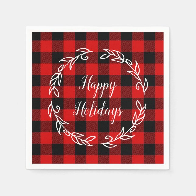 Karierte Happy Holidays in Red und Black Buffalo Serviette (Vorderseite)