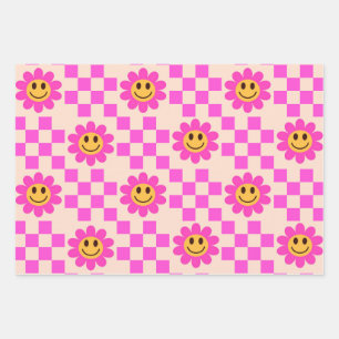 Karierte heiße rosa lächelnde Blumen mit Quadraten Geschenkpapier Set