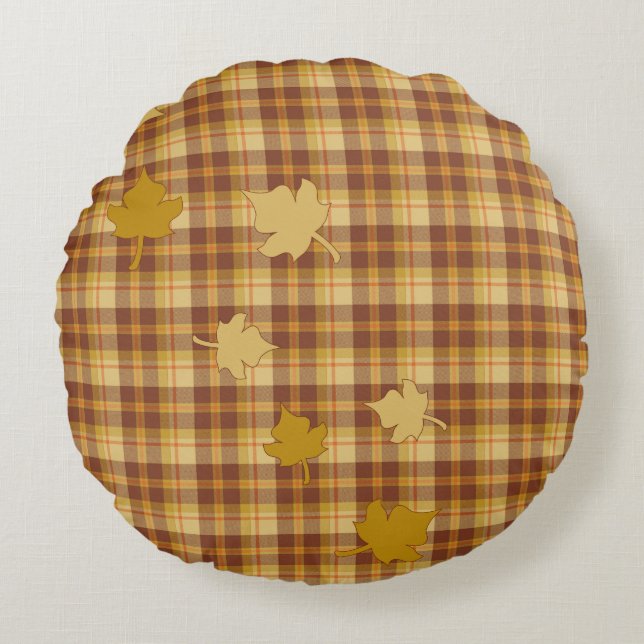 Karierte Herbst-Sammlung, Blätter und Akzent-Kisse Rundes Kissen (Vorderseite)